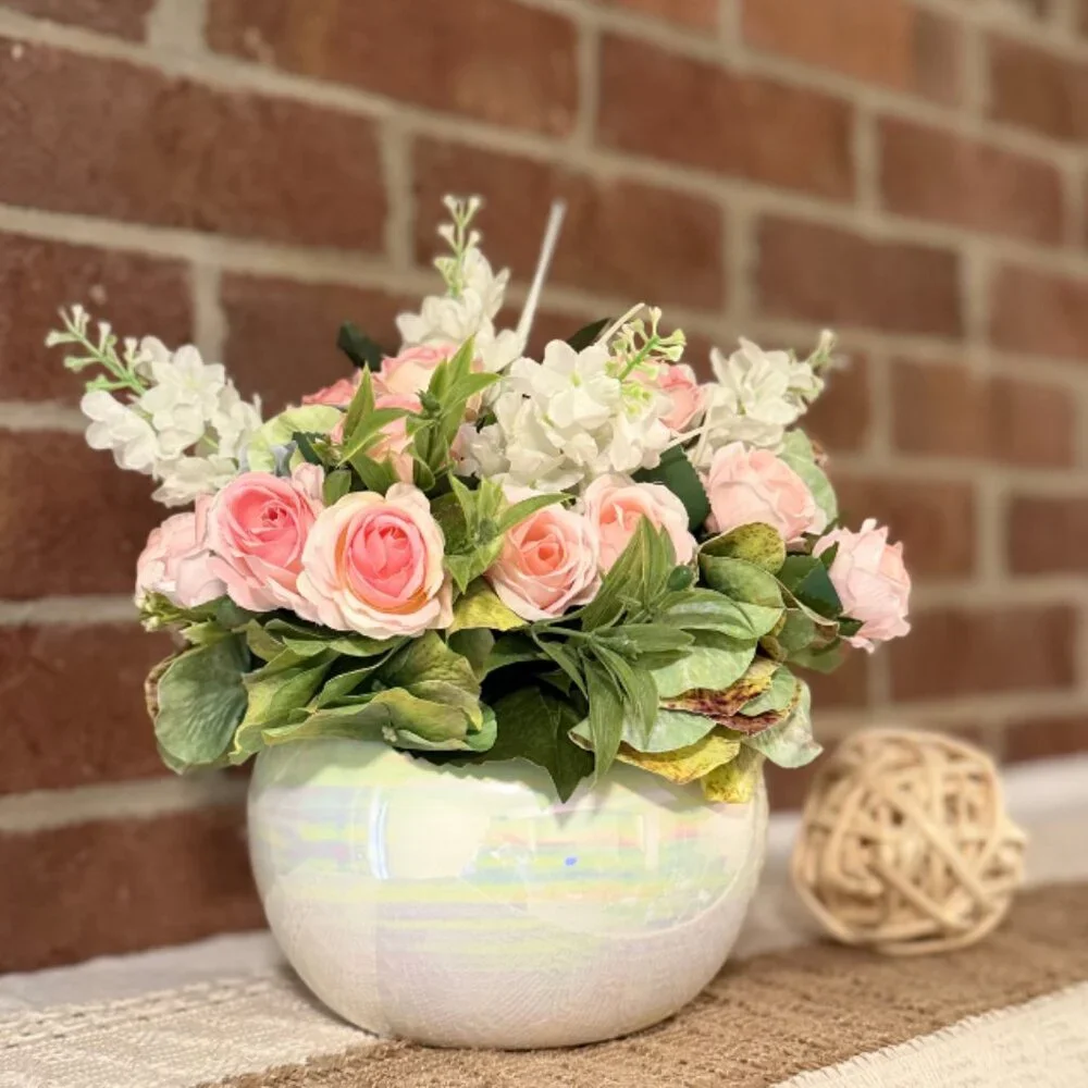 Faux Pink Rose Floral Arrangement Centerpiece in Ceramic Pearl Bowl